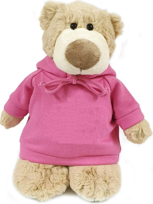 Super soft cuddly mascot  bear with trendy pink hoodie, size 28cm.