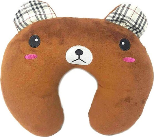 Super soft fabric childs neck pillow with memory foam and bean interior. Brown bear, size 31cm.