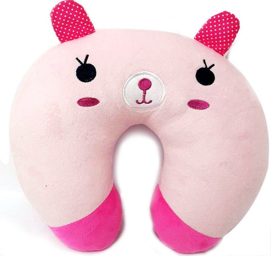 Super soft fabric childs neck pillow with memory foam and bean interior. Pink bear, size 31cm.