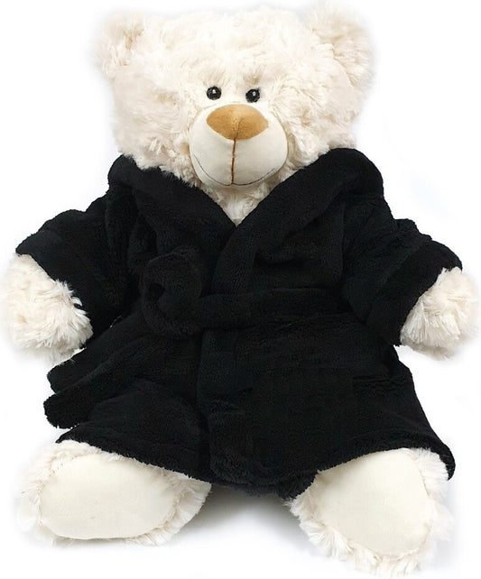 Super soft fluffy bear with deep-pile velour black bathrobe, size 38cm.  Soft and huggable, ideal for boys, girls gifting and parties.