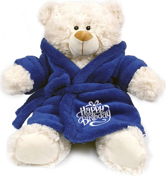 Super soft fluffy bear with deep-pile velour blue bathrobe Happy Birthday, size 38cm.