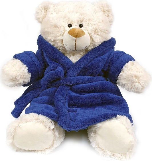 Super soft fluffy bear with deep-pile velour blue bathrobe, size 38cm.