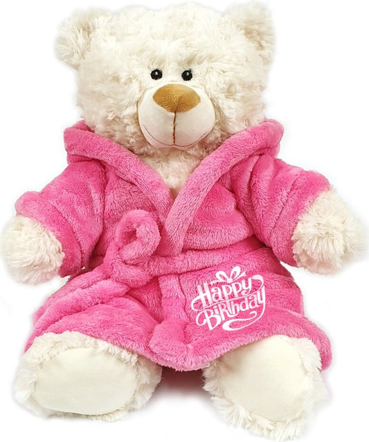 Super soft fluffy bear with deep-pile velour pink bathrobe Happy Birthday, size 38cm.