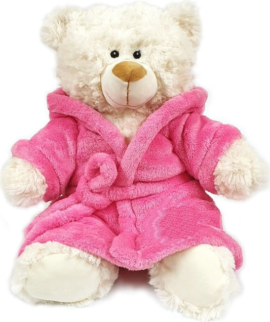 Super soft fluffy bear with deep-pile velour pink bathrobe, size 38cm.