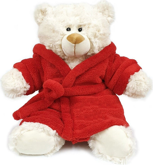 Super soft fluffy bear with deep-pile velour red bathrobe, size 38cm.