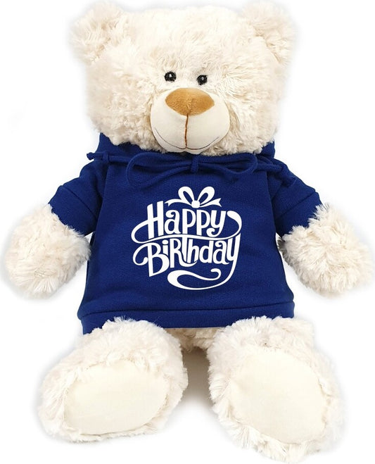 Super soft fluffy bear with trendy blue happy birthday hoodie, 38cm.