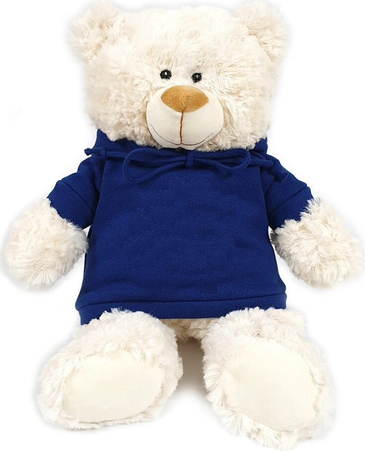 Super soft fluffy bear with trendy blue hoodie, size 38cm.