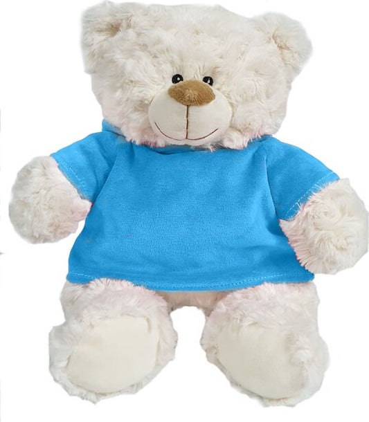 Super soft fluffy bear with trendy blue velour hoodie, size 38cm.Ideal for Birthdays, gifting, boys, girls parties. Soft and huggable.