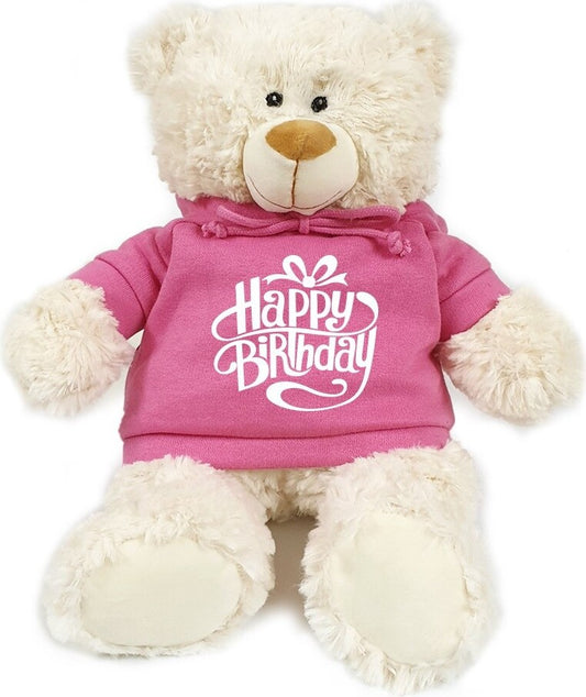 Super soft fluffy bear with trendy pink happy birthday hoodie, 38cm.