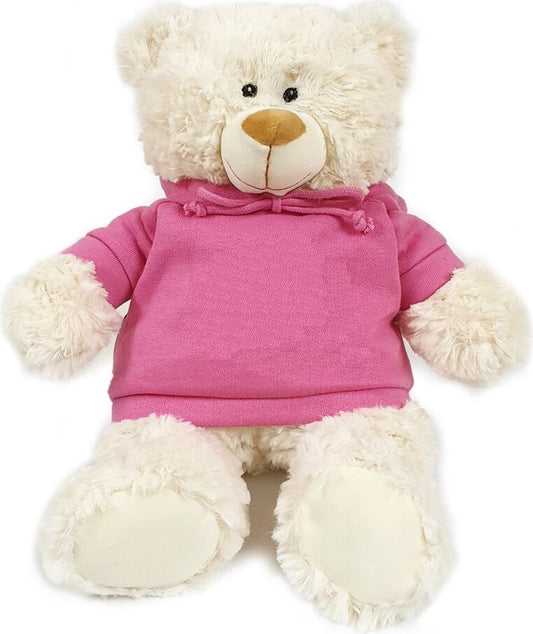 Super soft fluffy bear with trendy pink hoodie, size 38cm.