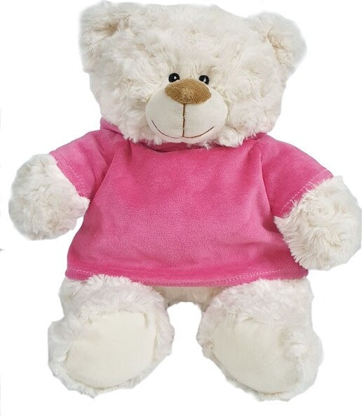 Super soft fluffy bear with trendy pink velour hoodie, size 38cm.Ideal for Birthdays, gifting, boys, girls parties. Soft and huggable.