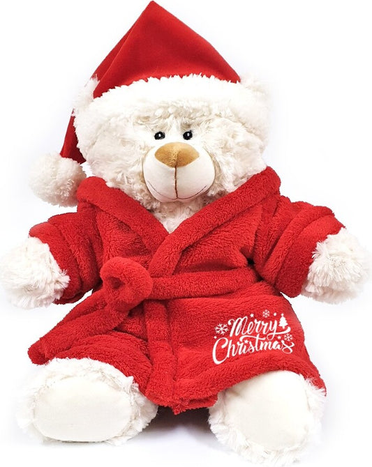 Super soft fluffy Christmas bear with deep-pile velour red bathrobe and cute Santa hat, size 38cm. Ideal for Christmas gifting, boys, girls