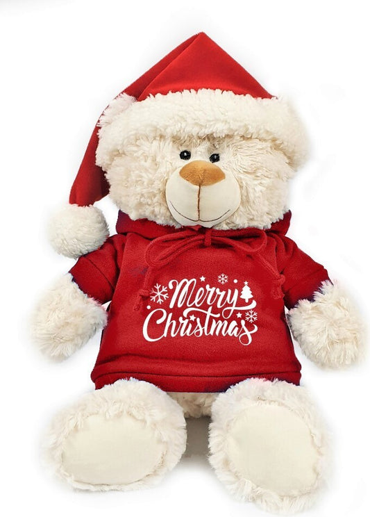 Super soft fluffy Christmas bear with trendy red hoodie and cute Santa hat. Size 38cm. Ideal for Christmas gifting, boys, girls, family festivities