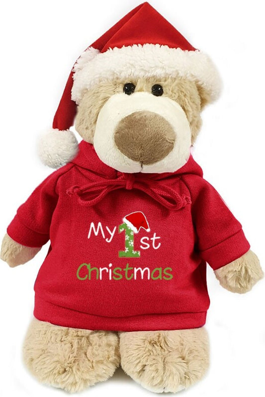 Super soft fluffy Christmas mascot bear with My 1st Christmas print on trendy red hoodie and cute Santa hat. Size 28cm.