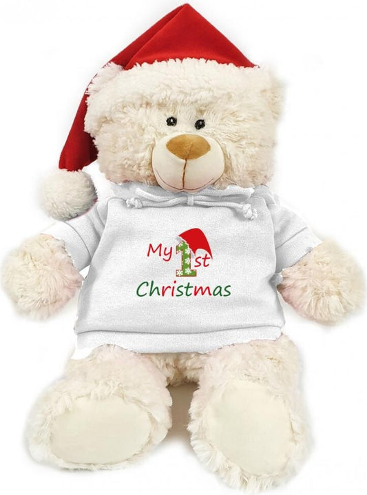 Super soft fluffy Christmas teddy bear with My 1st Christmas print on trendy white hoodie and cute Santa hat. Size 38cm.