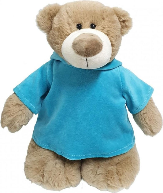 Super soft fluffy mascot bear with trendy blue velour hoodie, size 28cm.Ideal for Birthdays, gifting, boys, girls parties. Soft and huggable.