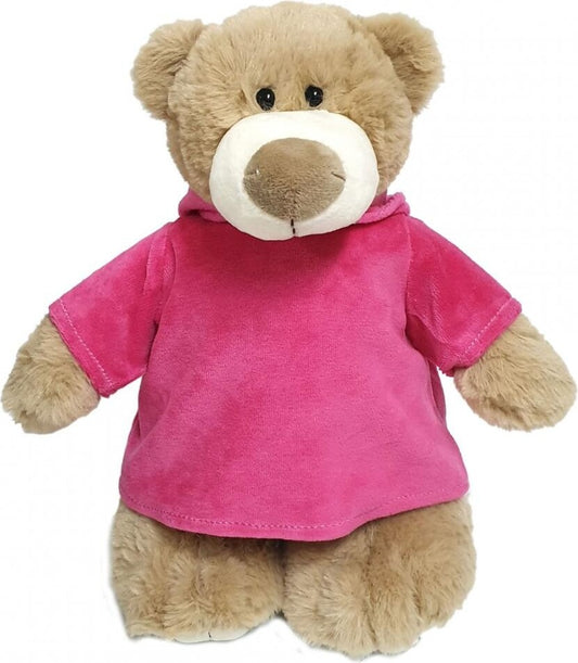 Super soft fluffy mascot bear with trendy pink velour hoodie, size 28cm.Ideal for Birthdays, gifting, boys, girls parties. Soft and huggable.