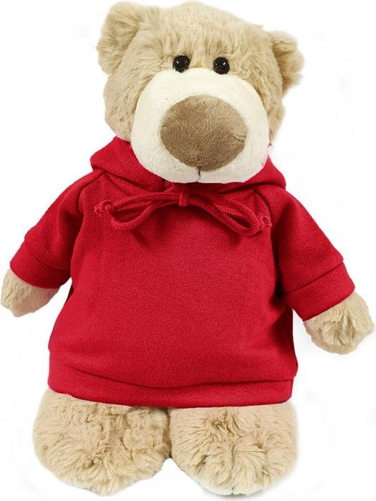 Super soft fluffy mascot bear with trendy red hoodie, size 28cm.