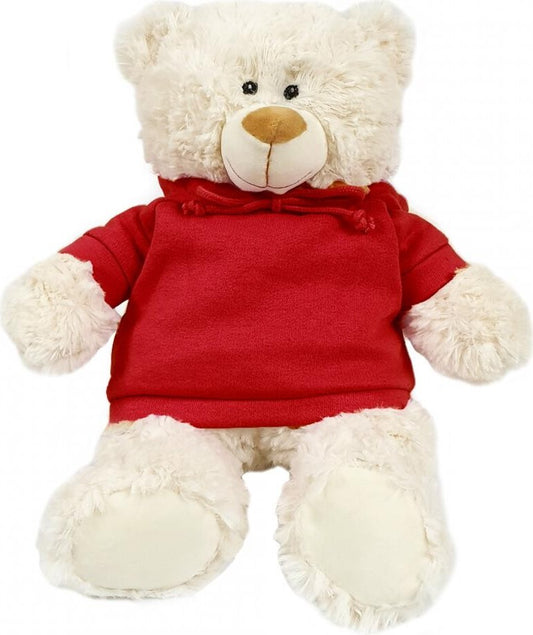 Super soft fluffy mascot bear with trendy red  hoodie, size 38cm.