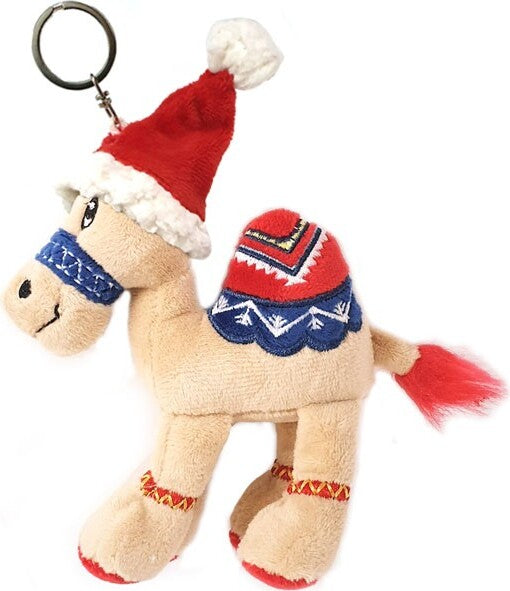 Supersoft cuddly beige camel keyring/ Christmas tree ornament with fluffy Santa hat.  Size 12cm. Ideal stocking filler, Christmas gift.