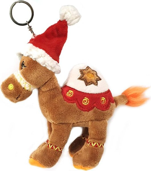 Supersoft cuddly brown camel keyring/ Christmas tree ornament with fluffy Santa hat.  Size 12cm. Ideal stocking filler, Christmas gift.