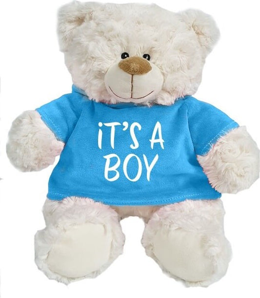 Supersoft, cuddly cream bear with embroidered It's A Boy on trendy blue velour hoodie. Size 38cm.Ideal for new baby, baby shower, baby gender reveal