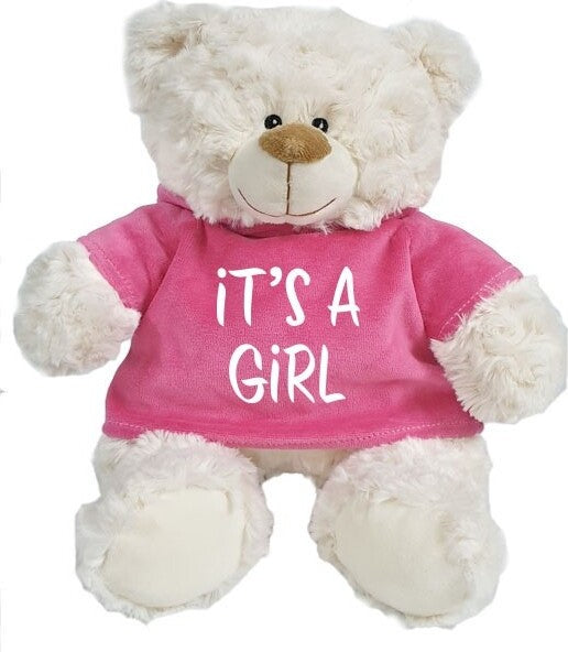 Supersoft, cuddly cream bear with embroidered It's A Girl on trendy pink velour hoodie. Size 38cm. Ideal for new baby, baby shower, baby gender reveal