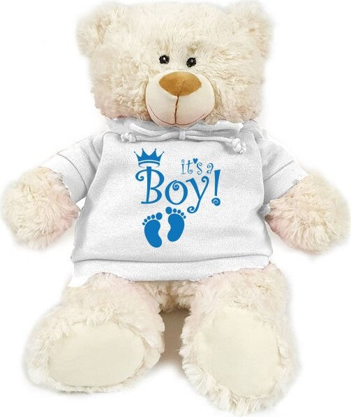 Supersoft, cuddly cream bear with It's A Boy on trendy white hoodie. Size 38cm. Ideal for new baby, baby shower, baby gender reveal parties.