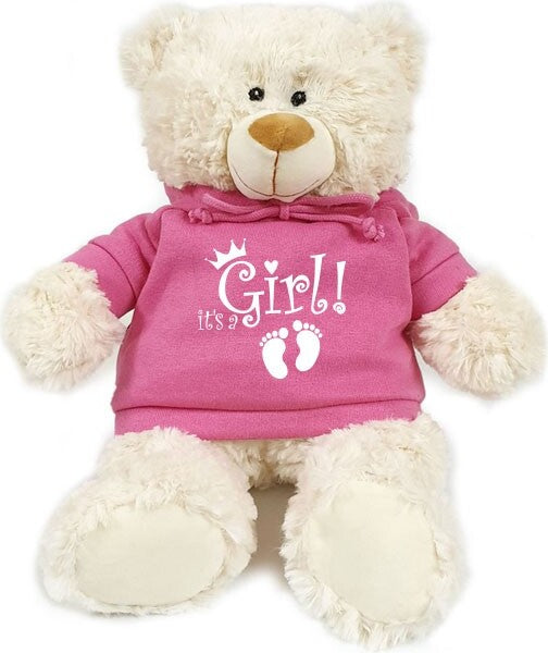 Supersoft, cuddly cream bear with It's A Girl on trendy pink hoodie. Size 38cm. Ideal for new baby, baby shower, baby gender reveal parties.