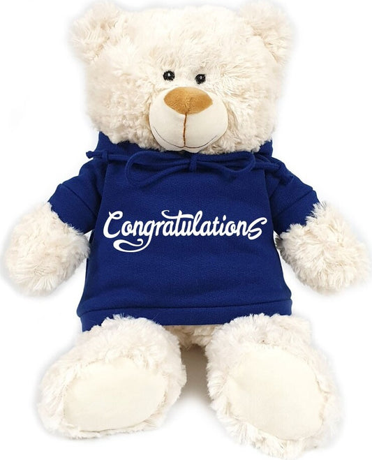 Supersoft, cuddly cream bear with trendy blue hoodie Congratulations! Size 38cm. Ideal for Birthdays, Graduations, Engagement,  Marriage, Baby Birth,