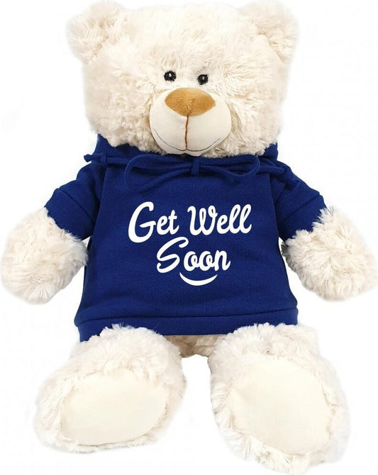 Supersoft, cuddly cream bear with trendy  blue hoodie. Get Well Soon. Size 38cm. Ideal for  boys girls and adults . Soft and cuddly.