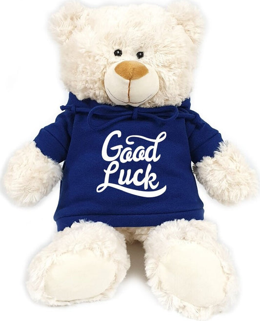 Supersoft, cuddly cream bear with trendy  blue hoodie. Good Luck. Size 38cm. Ideal for Boys, girls and adults. New job, Exams, leaving. .Soft and cudd