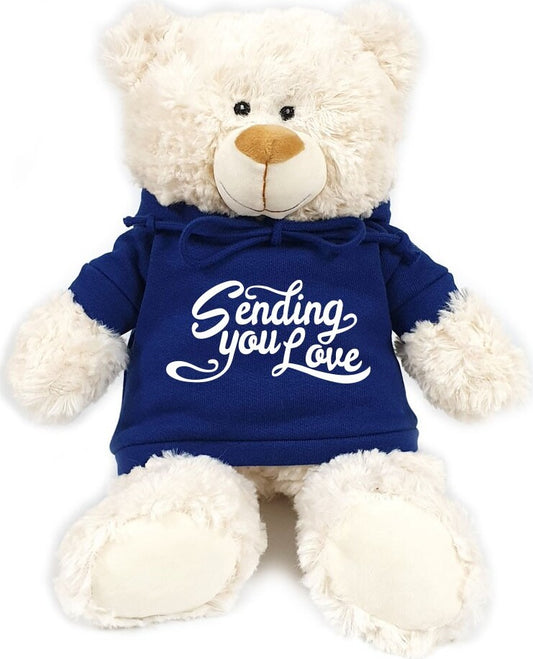 Supersoft, cuddly cream bear with trendy  blue hoodie. Sending you Love. Size 38cm. Ideal for Birthdays, Anniversary, Valentine's, boys, girls and adu