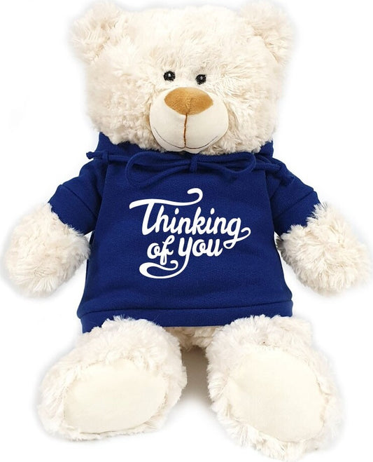 Supersoft, cuddly cream bear with trendy blue hoodie. Thinking of You. Size 38cm. deal for Birthdays, Anniversary, Valentine's, boys, girls and adults