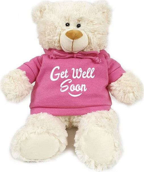 Supersoft, cuddly cream bear with trendy  pink hoodie. Get Well Soon. Size 38cm.  Send a special love message to your husband, wife, boyfriend, girfri