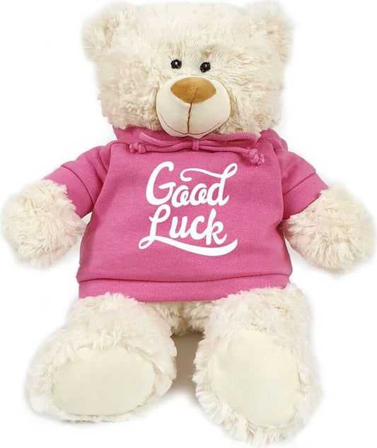 Supersoft, cuddly cream bear with trendy  pink hoodie. Good Luck. Size 38cm. Ideal for Boys, girls and adults. New job, Exams, leaving. .Soft and cudd