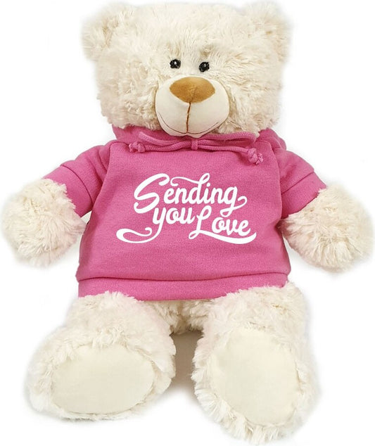 Supersoft, cuddly cream bear with trendy  pink hoodie. Sending you Love. Size 38cm. Ideal for Birthdays, Anniversary, Valentine's, boys, girls and adu