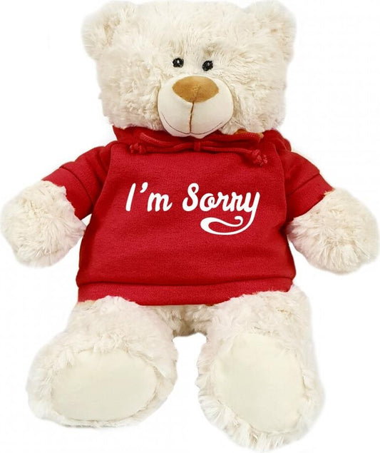 Supersoft, cuddly cream bear with trendy red hoodie. I'm Sorry Size 38cm. Ideal for celebrations, love messages, Valentine's Day, special occasions