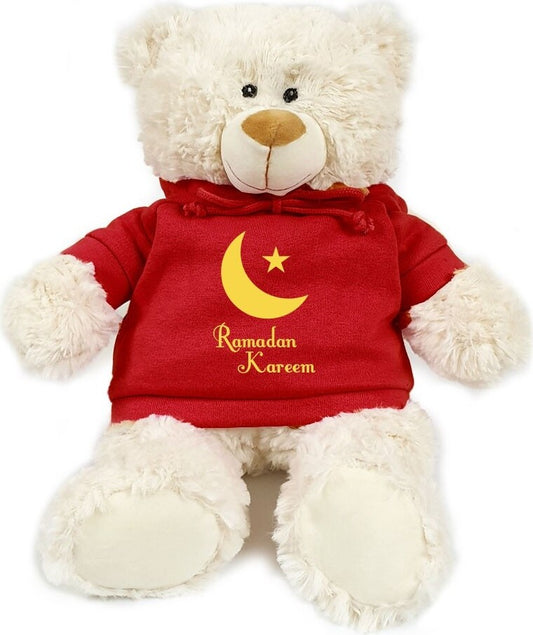 Supersoft, cuddly cream bear with trendy red hoodie. Ramadan Kareem. Size 38cm. Ideal for gift for boys, girls and adults. Soft and cuddly.