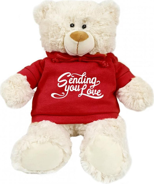 Supersoft, cuddly cream bear with trendy  red hoodie. Sending you Love. Size 38cm. Soft and cuddly. Ideal for celebrations, love messages, Valentine's