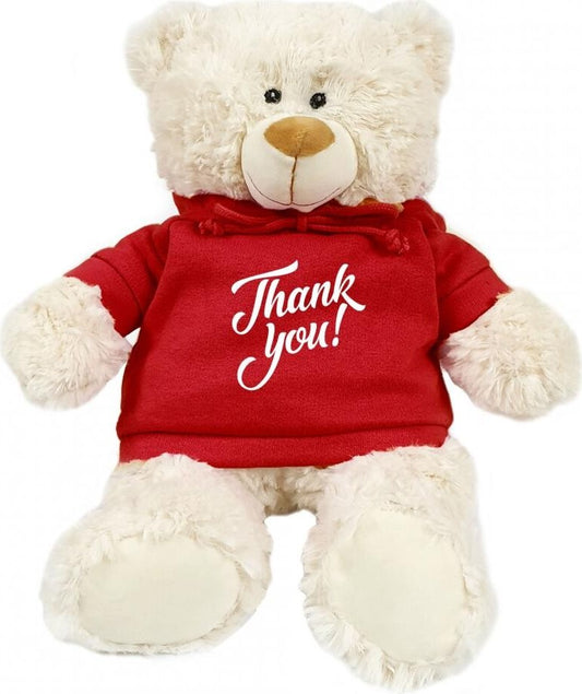 Supersoft, cuddly Cream Bear  with trendy red hoodie. Thank You.   Ideal for friendship, school leavers, and  Thank You Teacher gift. Teenagers, boys,