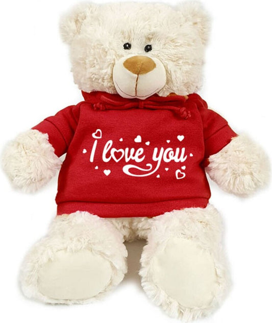 Supersoft, cuddly cream teddy bear with trendy red hoodie. I Love You. Size 38cm. Soft and cuddly. Ideal for celebrations, love messages