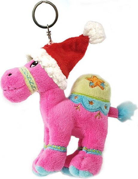 Supersoft cuddly dark pink camel keyring/ Christmas tree ornament with fluffy Santa hat.  Size 12cm. Ideal stocking filler, Christmas gift.