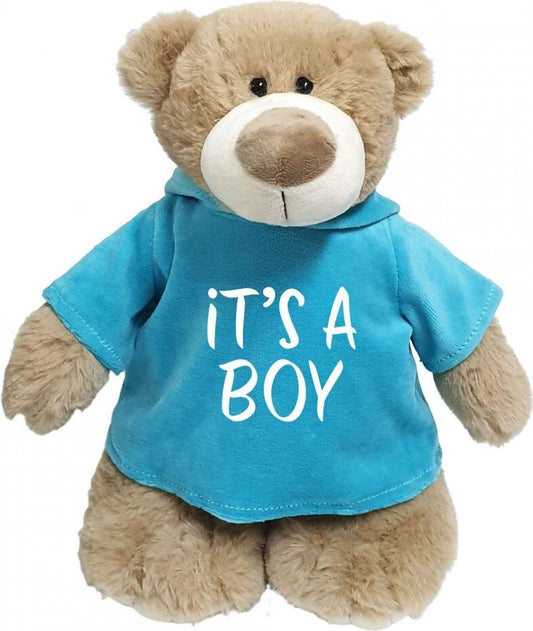 Supersoft, cuddly mascot bear with embroidered It's A Boy on trendy blue velour hoodie. Size 28cm. Ideal for new baby, baby shower, baby gender reveal