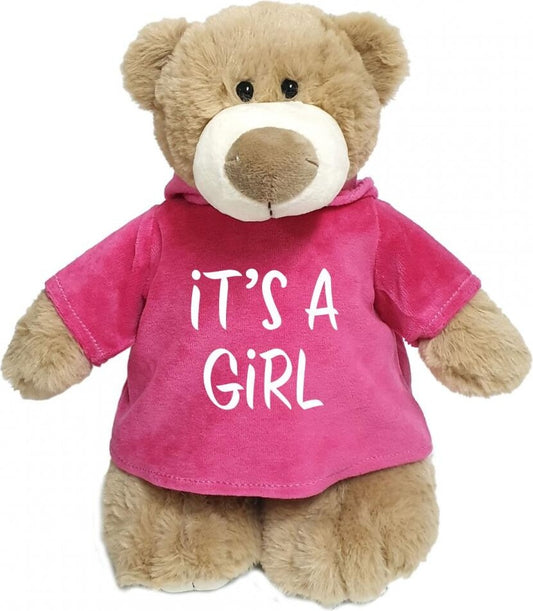 Supersoft, cuddly mascot bear with embroidered It's A Girl on trendy pink velour hoodie. Size 28cm. Ideal for new baby, baby shower, baby gender revea