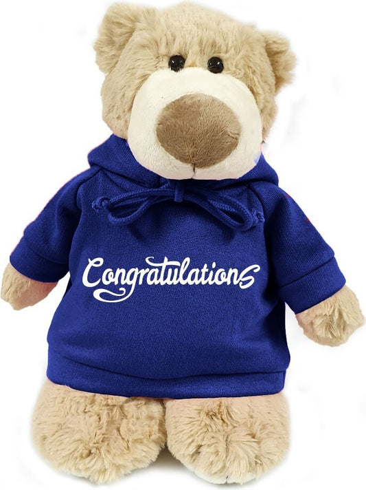 Supersoft, cuddly mascot bear with trendy blue hoodie Congratulations ! Size 28cm. Ideal for Birthdays, Graduations, Engagement,  Marriage, Baby Birth