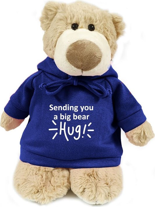 Supersoft, cuddly mascot bear with trendy blue hoodie Sending You A Big Bear Hug ! Size 28cm. Ideal for celebrations, love messages, Valentine's Day,