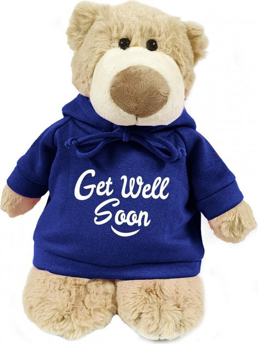 Supersoft, cuddly mascot bear with trendy  blue hoodie. Get Well Soon. Size 28cm. Ideal for boys, girls and adults. Soft and cuddly.