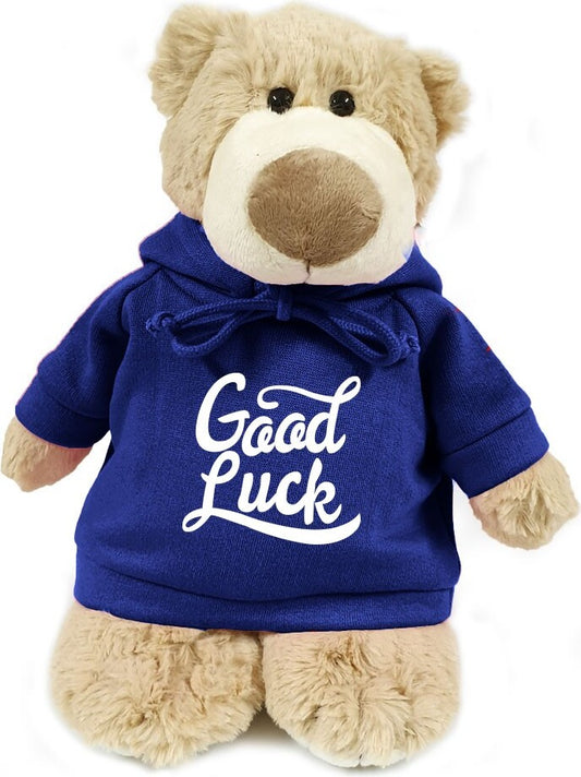 Supersoft, cuddly mascot bear with trendy  blue hoodie. Good Luck. Size 28cm. Ideal for Boys, girls and adults. New job, Exams, leaving. Soft and cudd