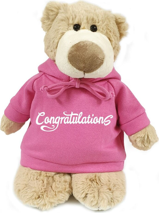 Supersoft, cuddly mascot bear with trendy pink hoodie Congratulations ! Size 28cm. Ideal for Birthdays, Graduations, Engagement,  Marriage, Baby Birth